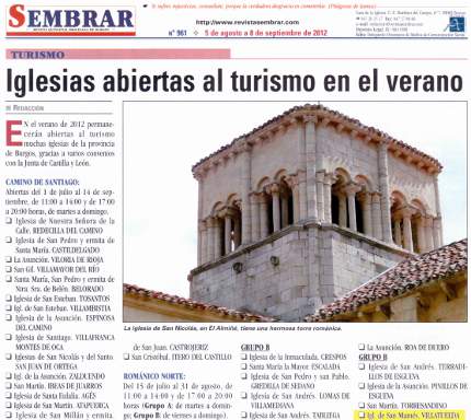 Revista sembrar número 961, del 5 de agosto al 8 de septiembre de 2012. En su contraportada habla de las iglesias abiertas al turismo en el verano, donde se incluye la iglesia de Villatuelda