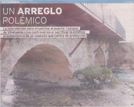 Villatuelda en la portada del Diario de Burgos por la polémica restauración del puente romano sobre el río Esgueva